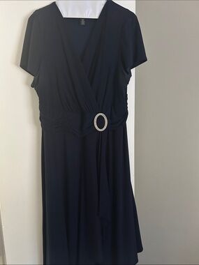 Elegant Navy Wrap Dress with Rhinestone Accent